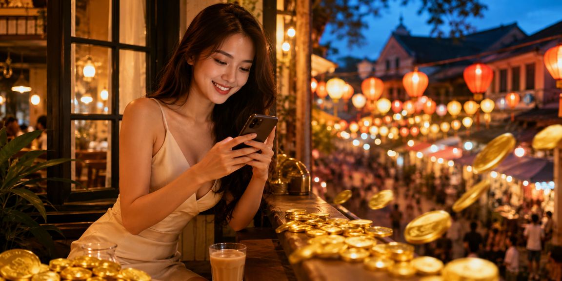 Người dùng tại Đà Lạt nhâm nhi cà phê và kiểm tra thông tin cá cược thể thao trên điện thoại